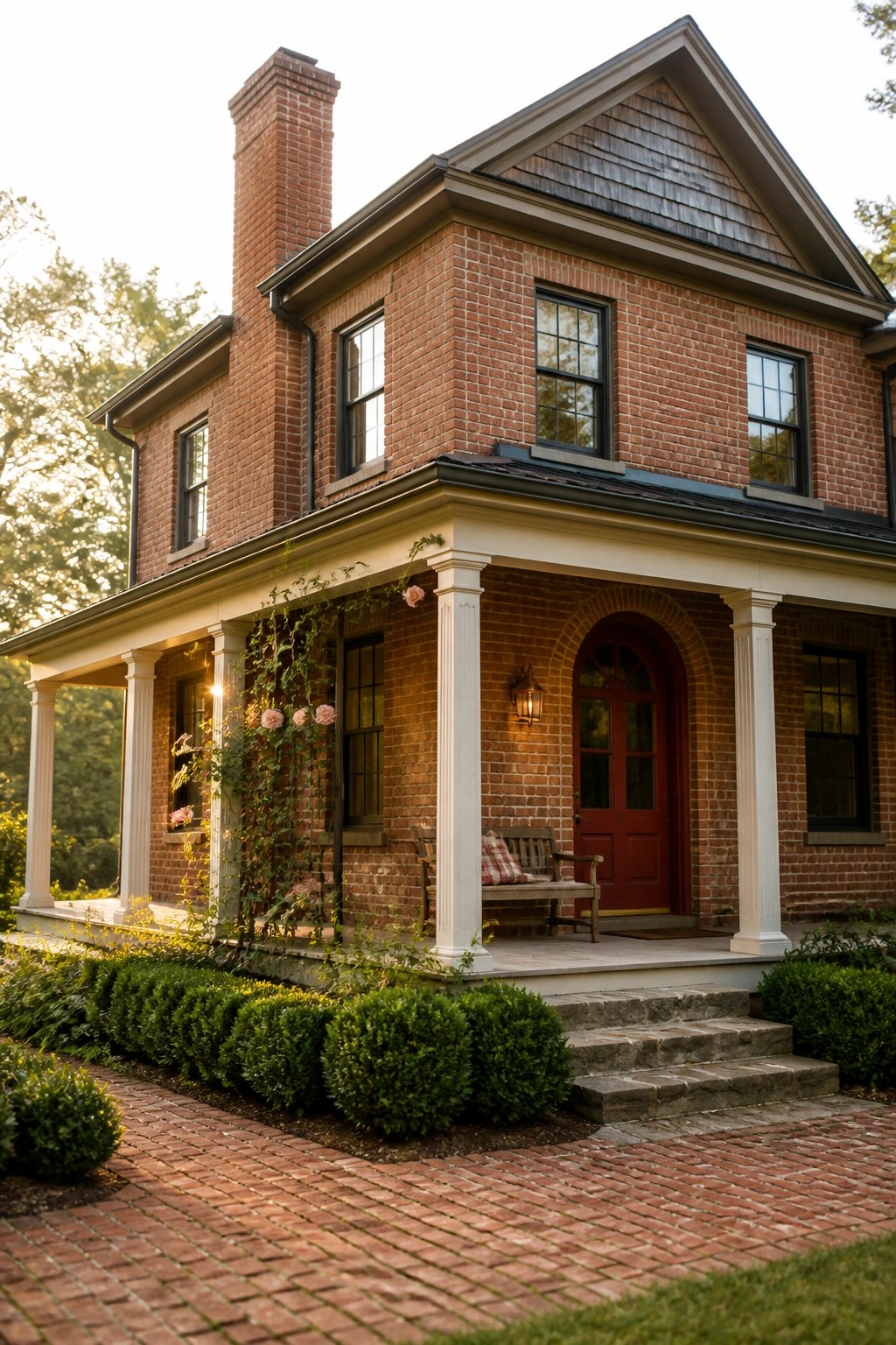 A two-story red brick house with a front porch supported by white columns, a prominent arched red door, and climbing roses along the left side.