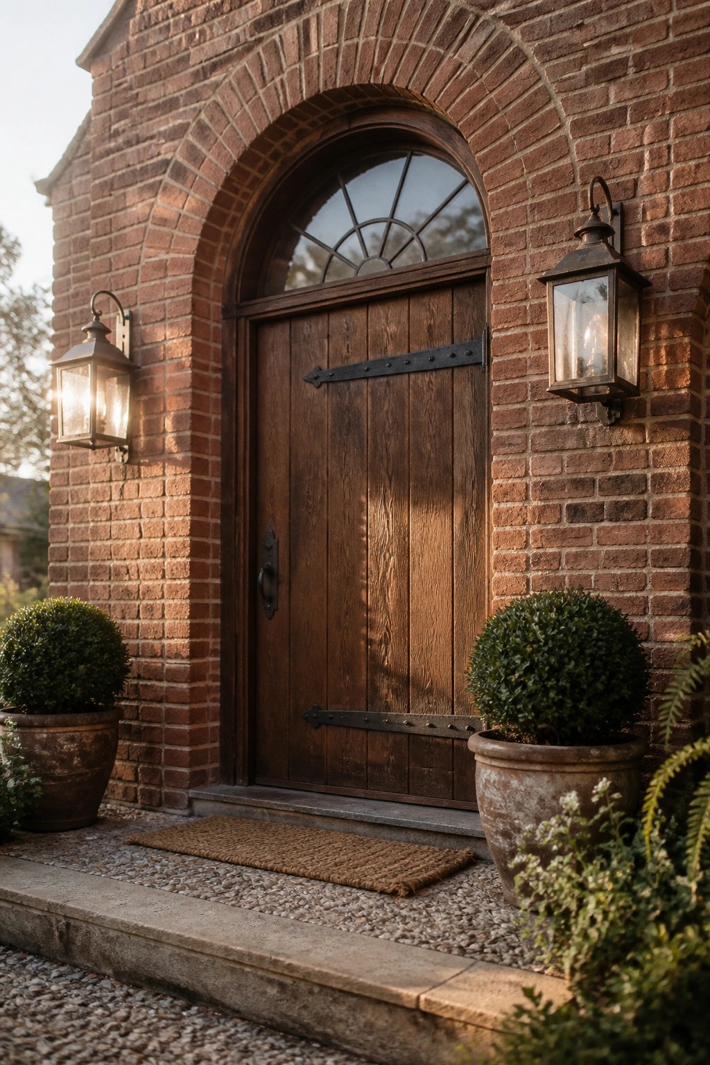 A red brick house facade with a large arched brick entry containing a dark wooden door with black metal hardware, flanked by two lit lanterns and potted shrubs.