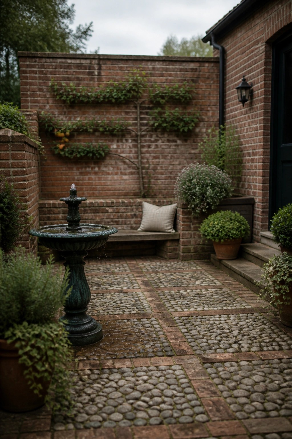 Brick courtyard with green fountain, cobblestone patio, bench, and potted plants