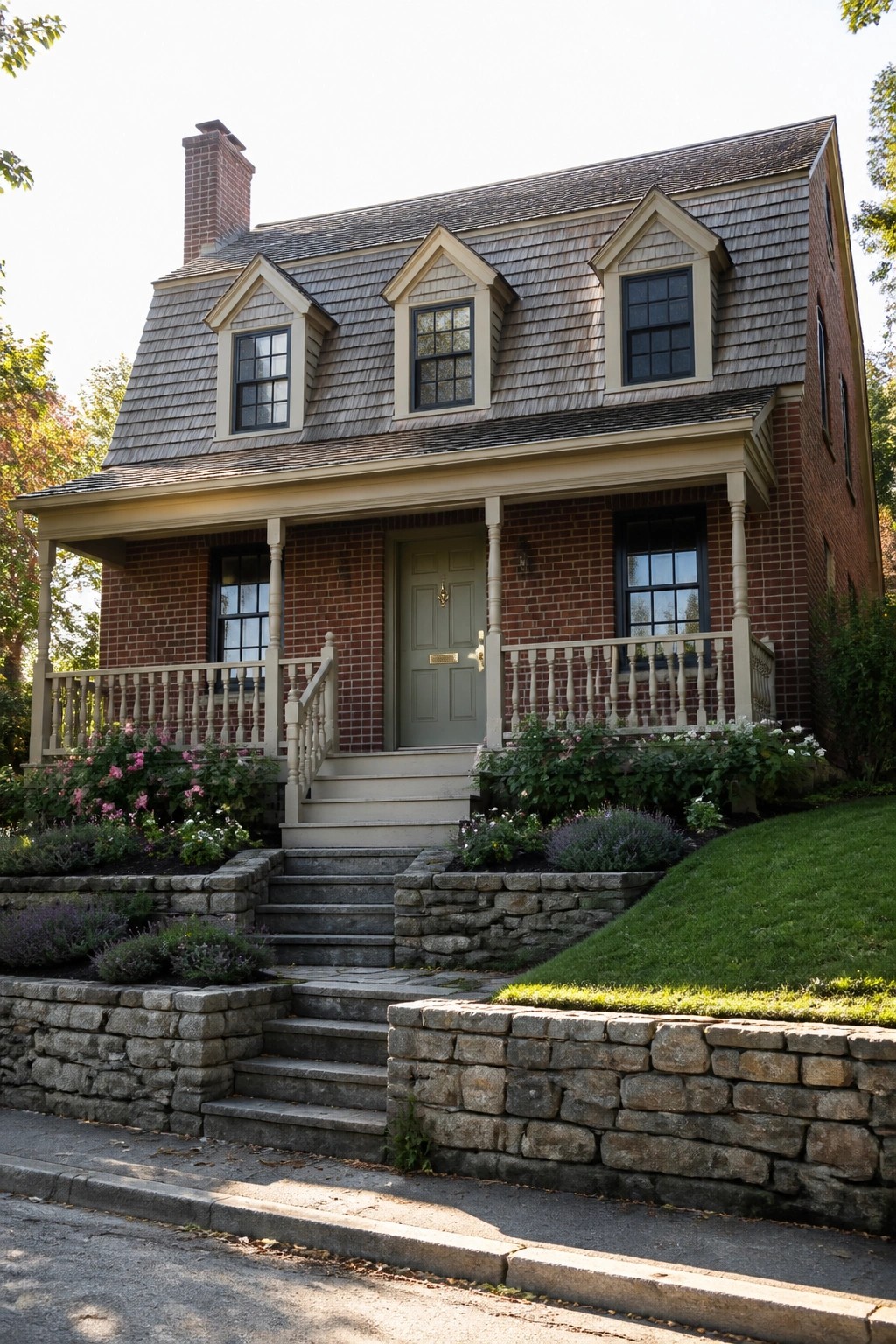 Brick house with shingled roof, green door, white porch, and stone steps.