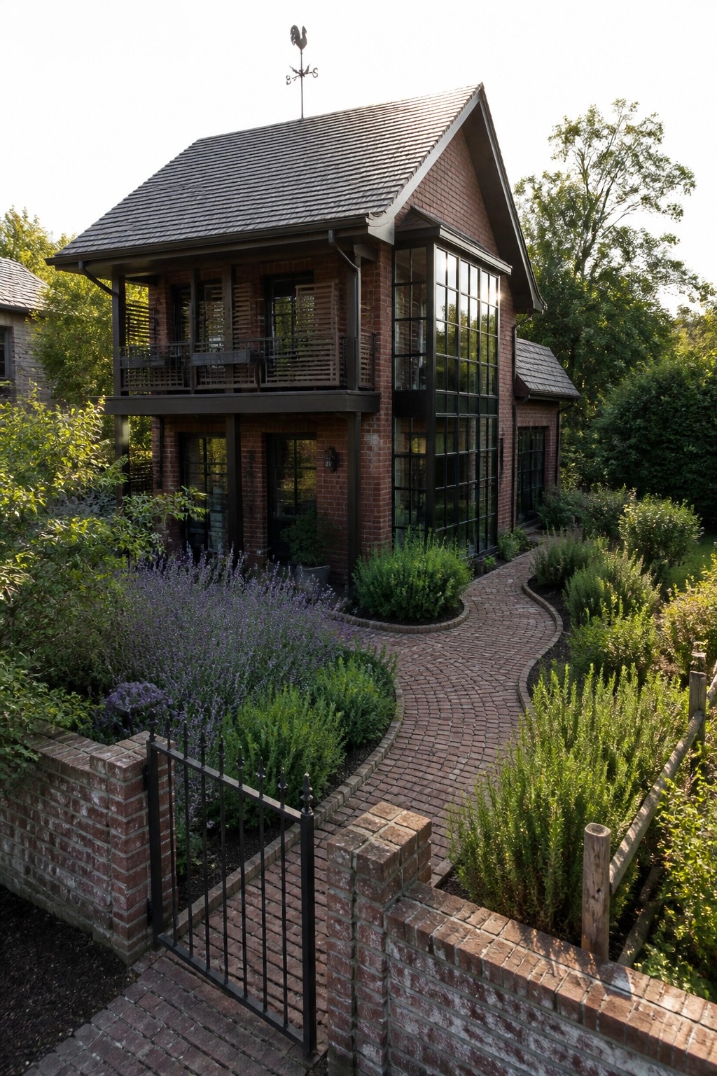 A two-story red brick farmhouse with dark trim, large divided-light windows, a steep roof with a weathervane, and a curved brick path bordered by low brick walls and garden beds.