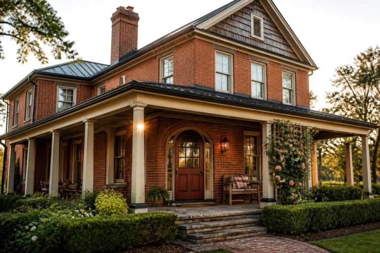 20 Classic Red Brick Farmhouse Exterior Ideas That Celebrate Traditional Character A two-story red brick house with a front porch supported by white columns, a prominent arched red door, and climbing roses along the left side.