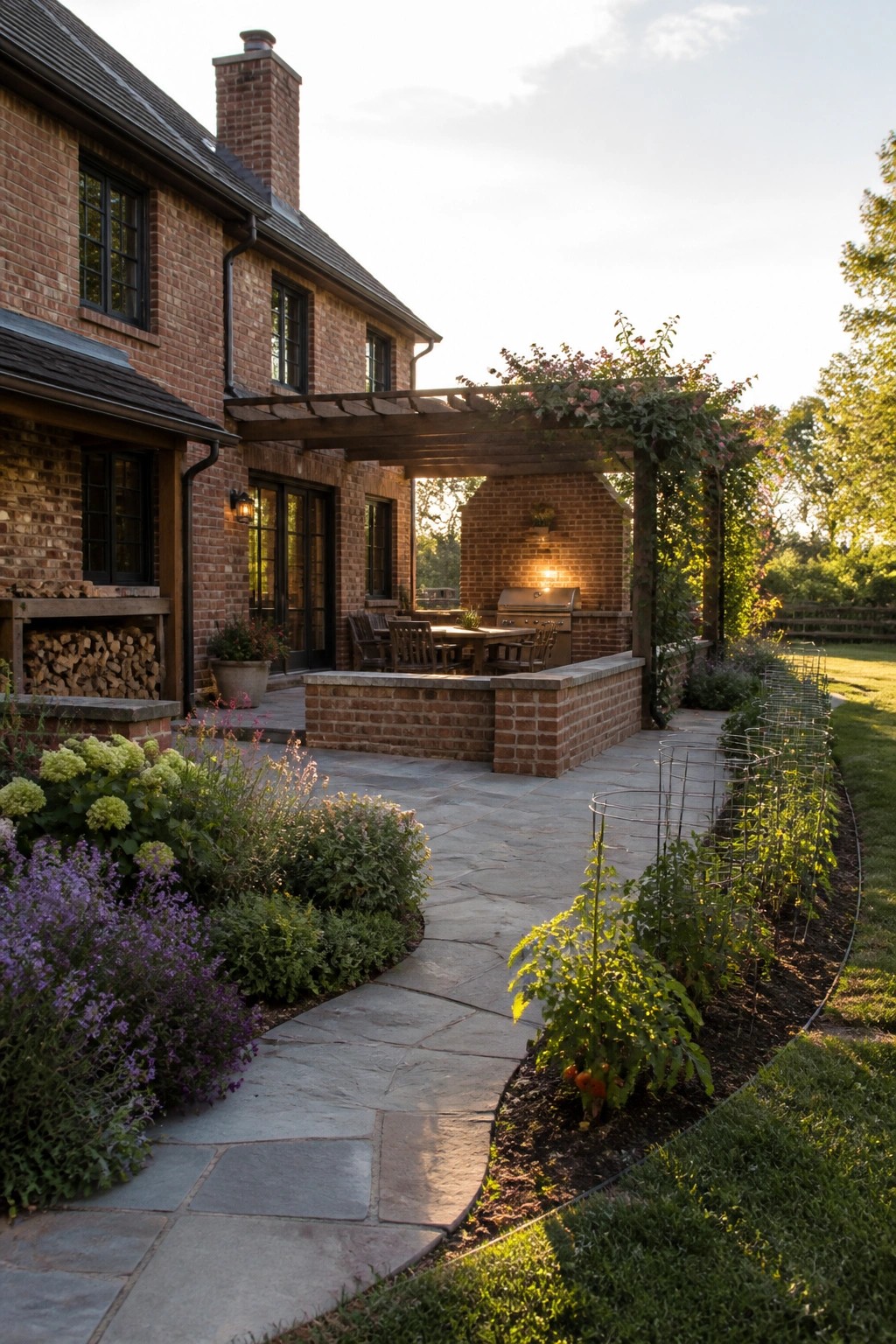 A red brick farmhouse exterior with a matching brick outdoor kitchen and patio under a wooden pergola, a stone pathway, and surrounding garden beds.
