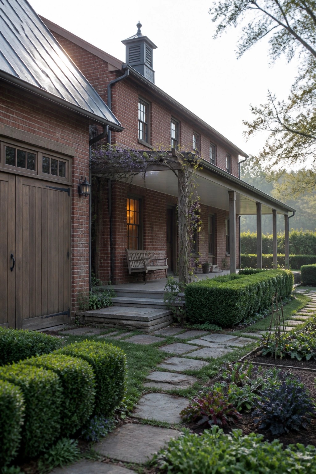 A red brick farmhouse with a metal roof, covered porch with vines, and a stone pathway in the garden.