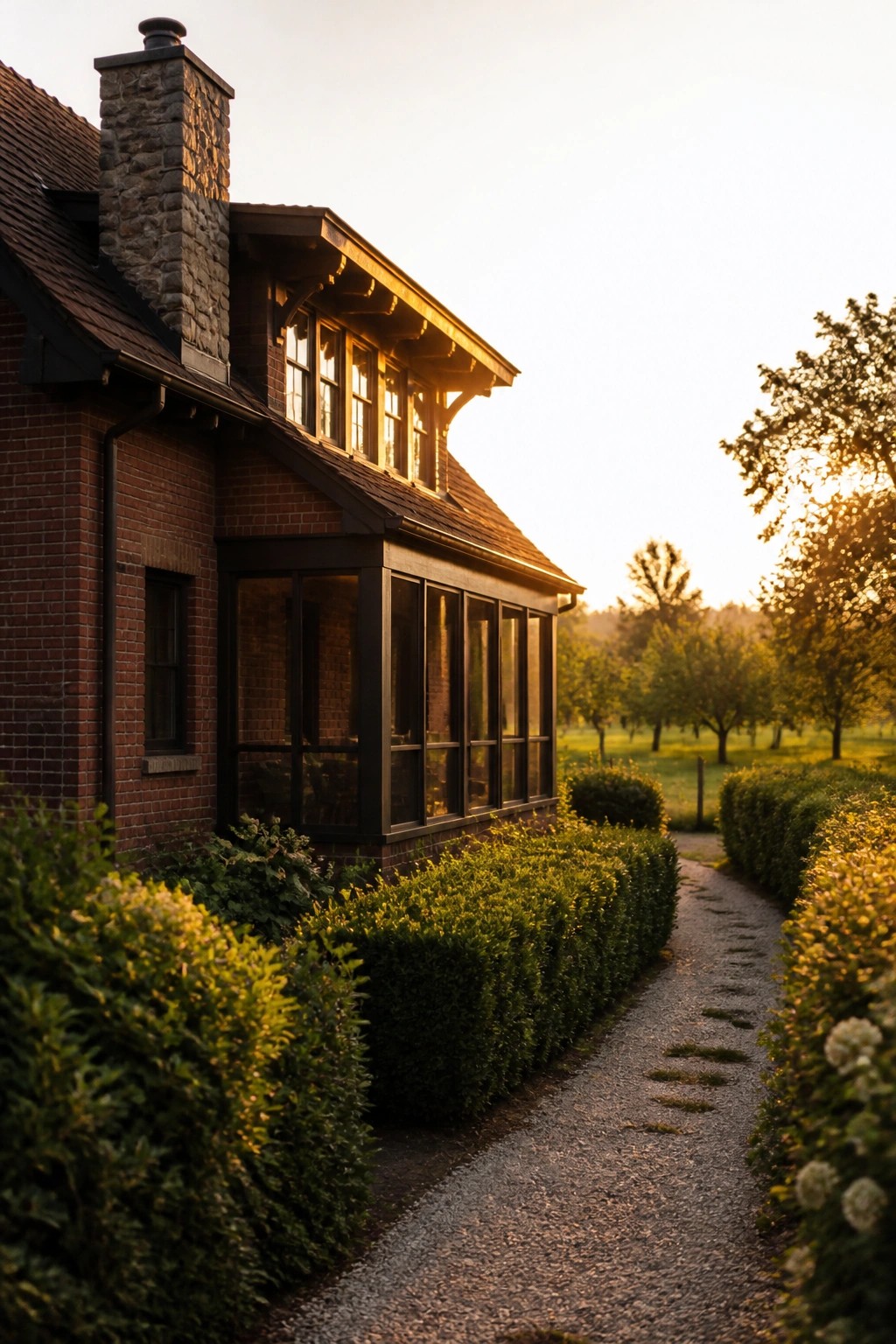 A red brick house exterior with a large stone chimney, dark-framed windows, and a gravel path bordered by dense green hedges.
