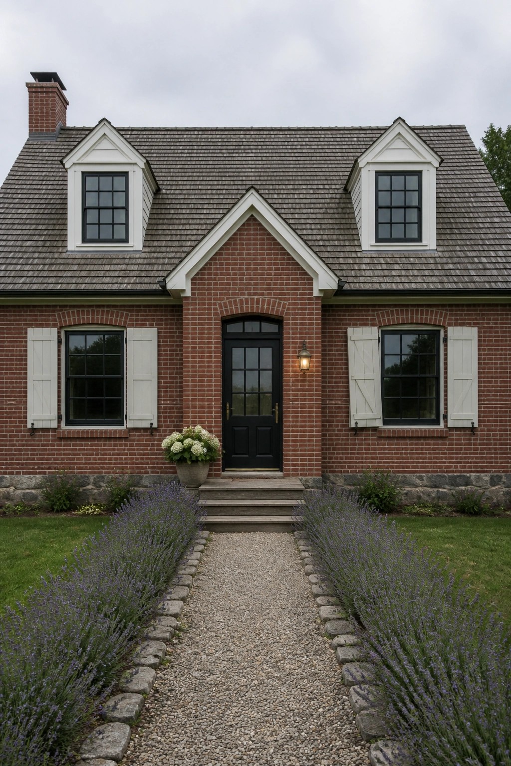 Brick house with black door, white shutters, dormers, and lavender-lined path