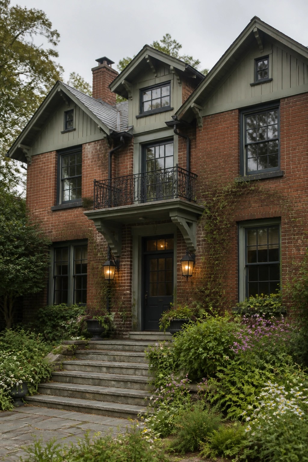 A two-story red brick house with sage green trim, a central dark door under a small balcony, stone steps, and surrounding garden beds.