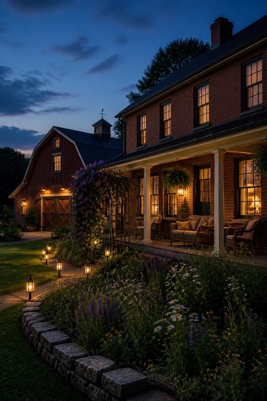 A red brick farmhouse with a lit porch beside a red barn at dusk, featuring a stone-edged flower garden and lantern-lit pathway in the foreground.