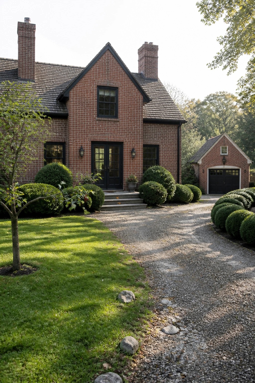 A red brick house with black-framed windows and doors, two brick chimneys, and a gravel driveway beside green shrubs.