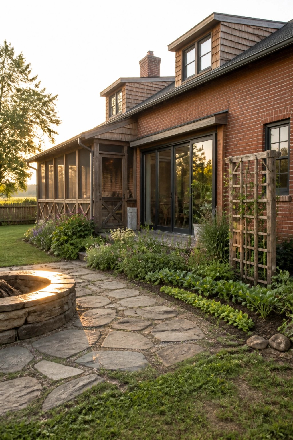 A red brick farmhouse exterior with wooden trim, dormers, large glass doors, a stone pathway, and garden beds beside a fire pit.