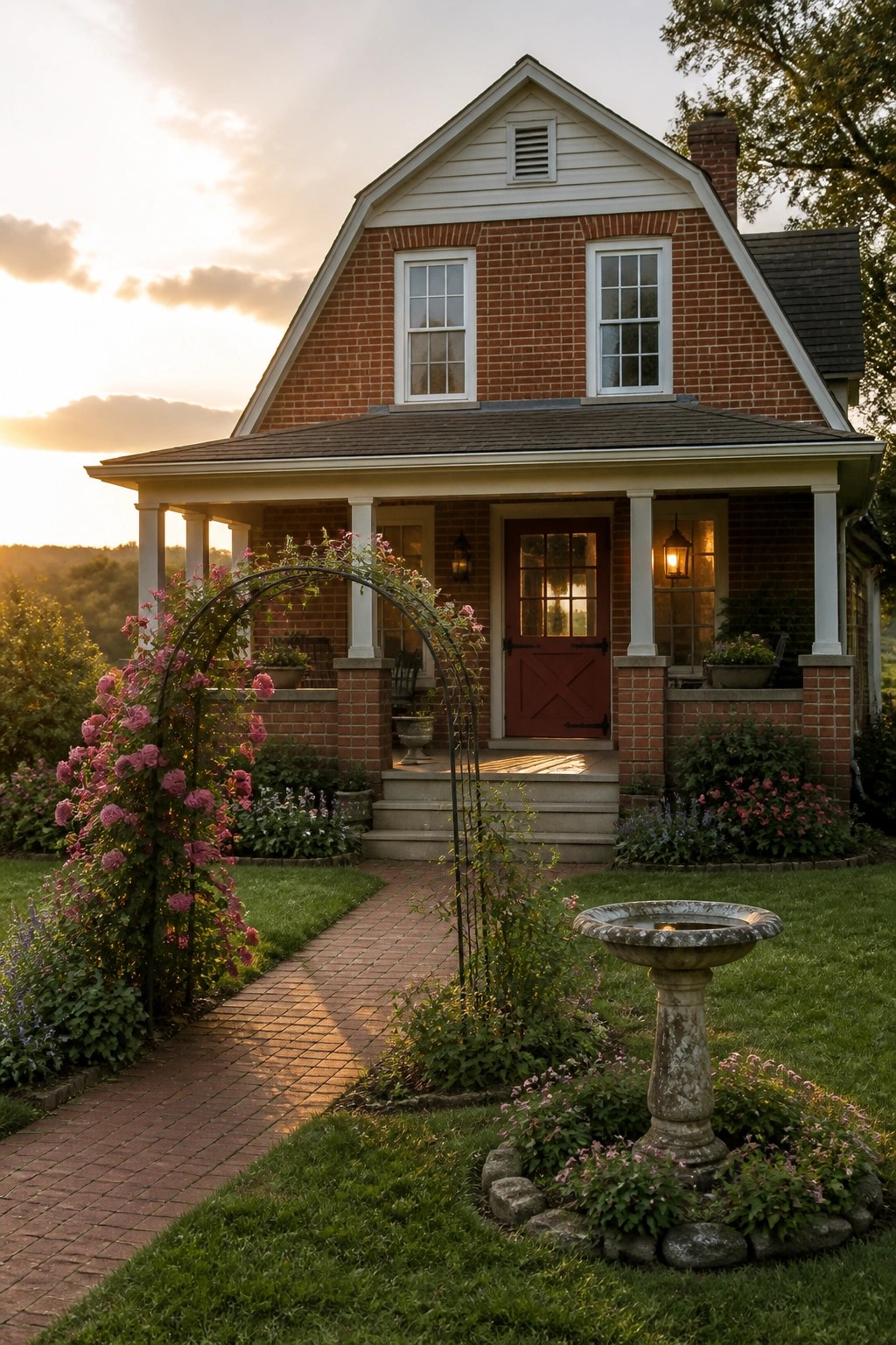 A red brick farmhouse with white trim, a red front door on a covered porch, a rose-covered arch on the left, and a stone birdbath in the foreground.