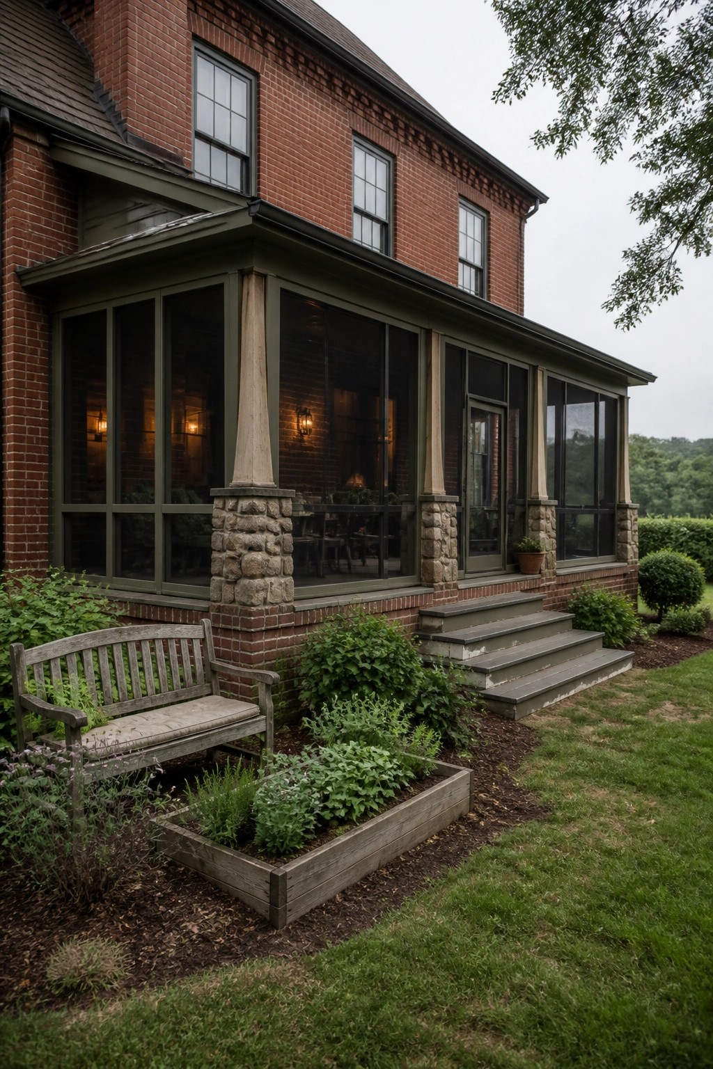 A red brick house with a large screened porch supported by stone piers, a wooden bench, and a raised garden bed in the foreground.