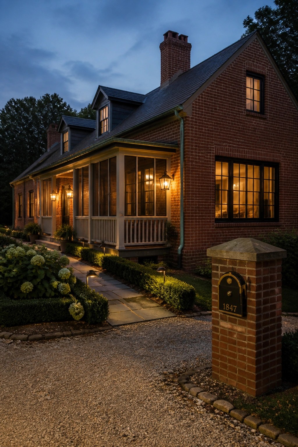 A red brick farmhouse exterior at dusk with a large screened porch, dark roof, brick chimney, and illuminated windows along a gravel driveway.