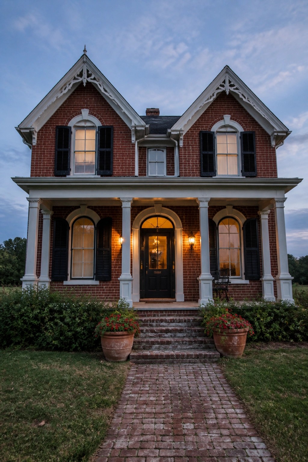 Red brick Victorian house with white porch columns, black shutters, and brick walkway.