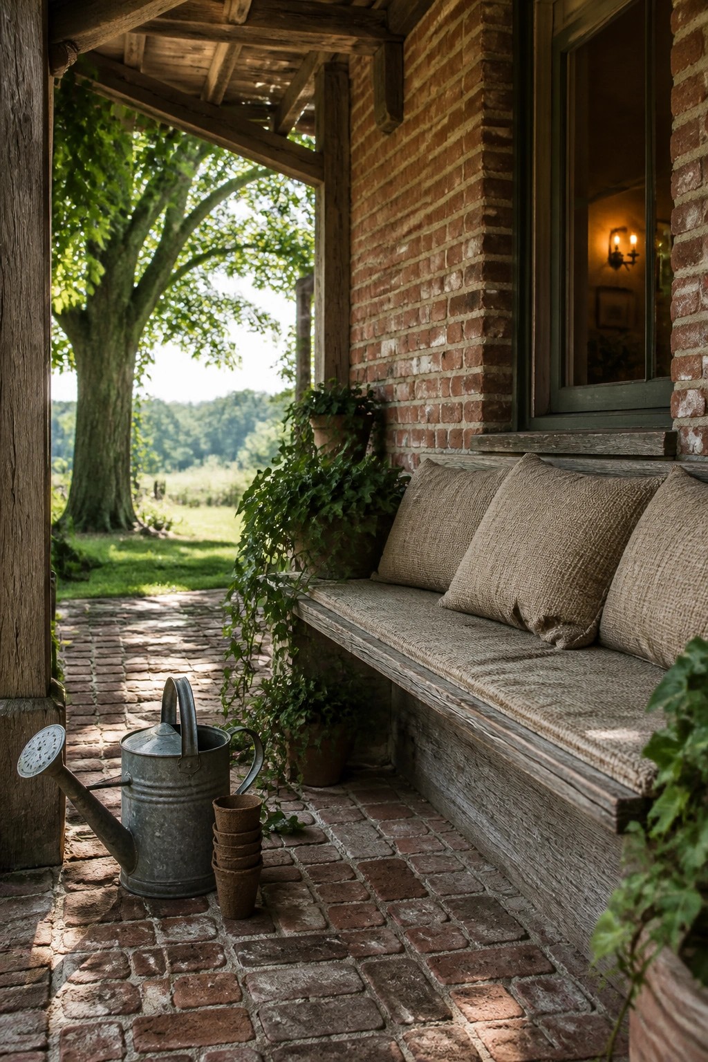 Rustic wooden bench with burlap cushions on brick porch beside watering can and plants