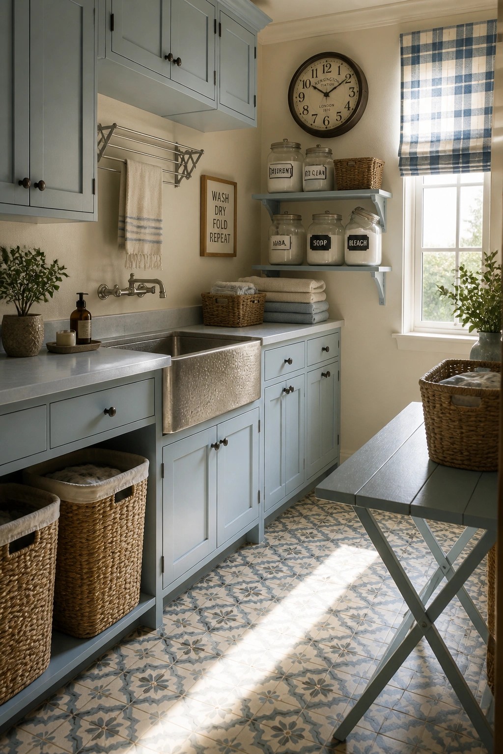 A laundry room featuring light blue cabinets, a farmhouse sink, open shelving with labeled jars, a patterned tile floor, and a window with a checkered shade.