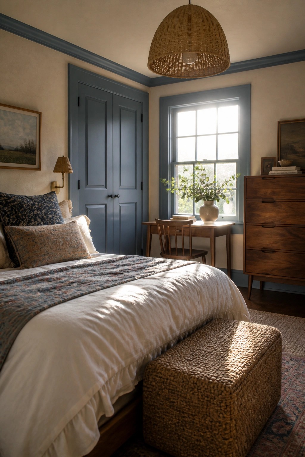 A bedroom interior showing blue double doors, a window with blue trim, a bed with white bedding, and a woven light fixture overhead.