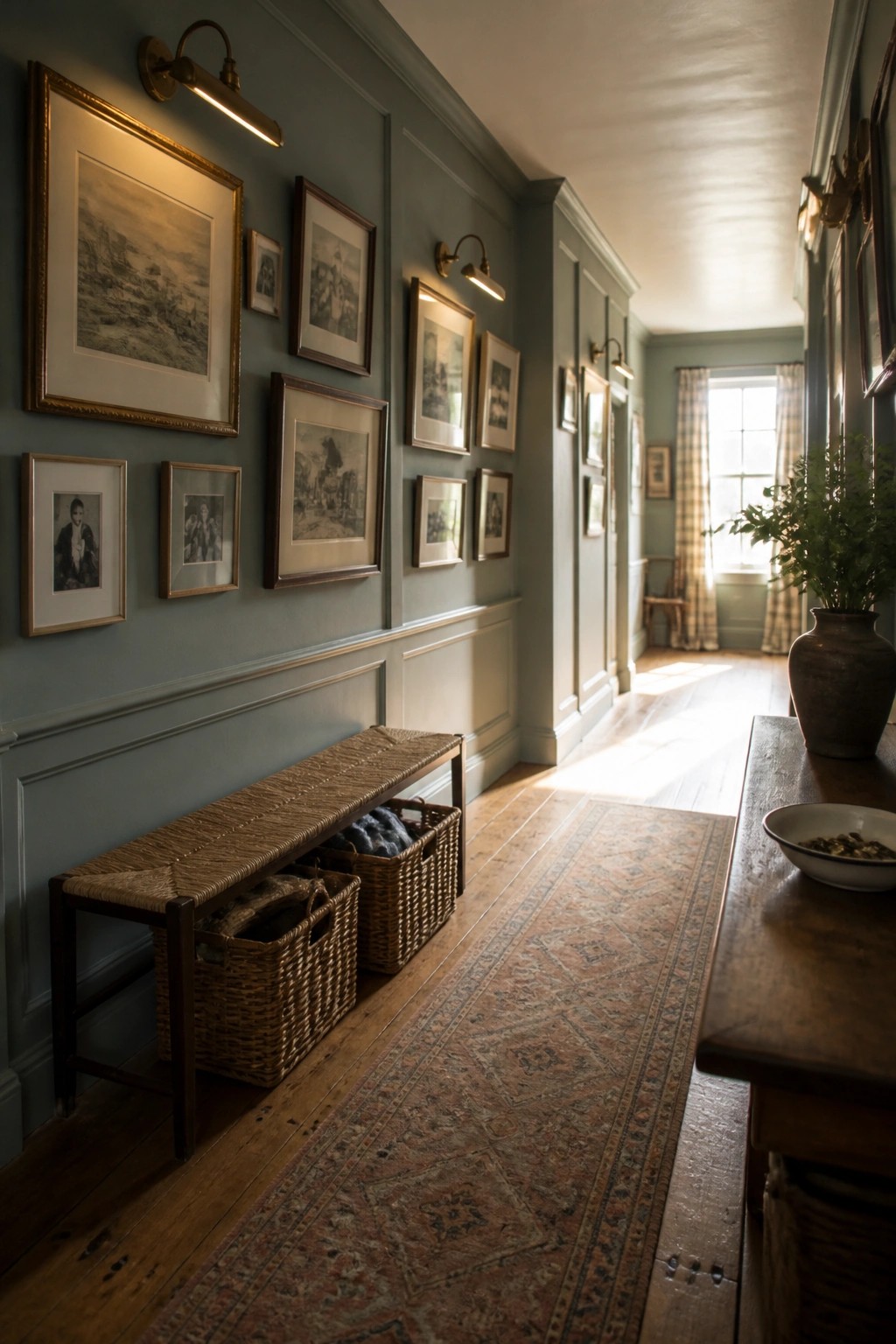 A long interior hallway with blue-gray walls, a gallery wall of framed pictures, a woven bench with storage baskets, and a patterned runner rug on wood flooring.