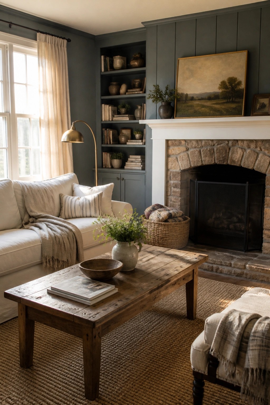 A living room with blue gray walls, built-in bookshelves filled with books and pottery, a white sofa, wooden coffee table, and stone fireplace.