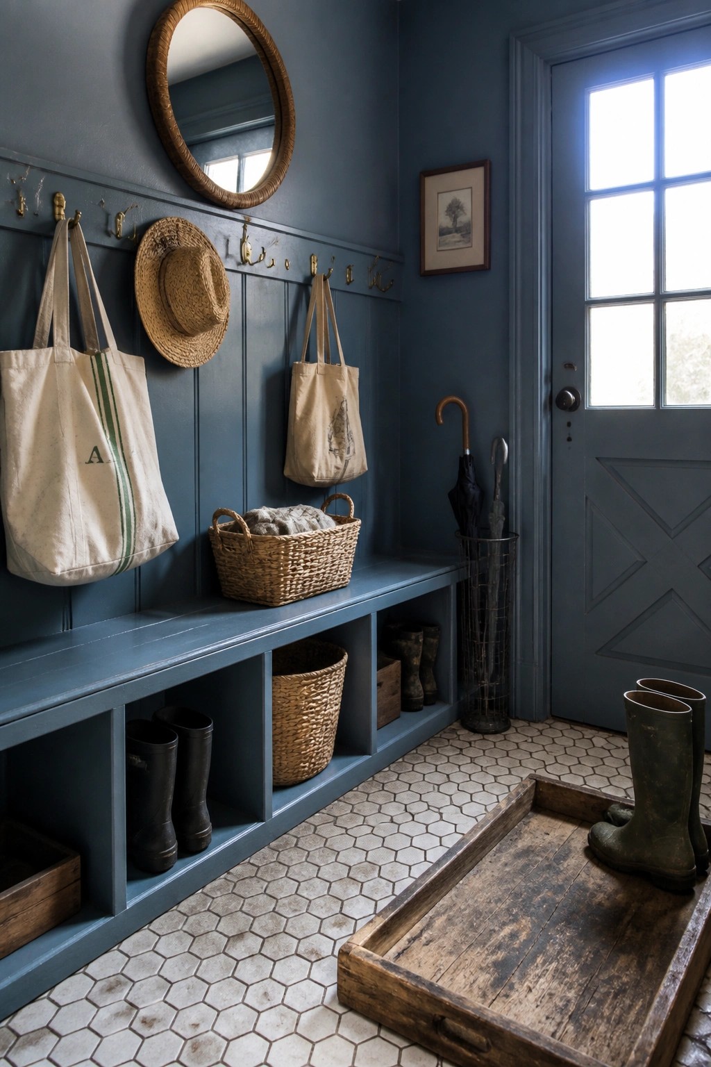 Blue painted mudroom interior with built-in bench storage, wall hooks, woven baskets, and boots on a tiled floor beside a blue door.
