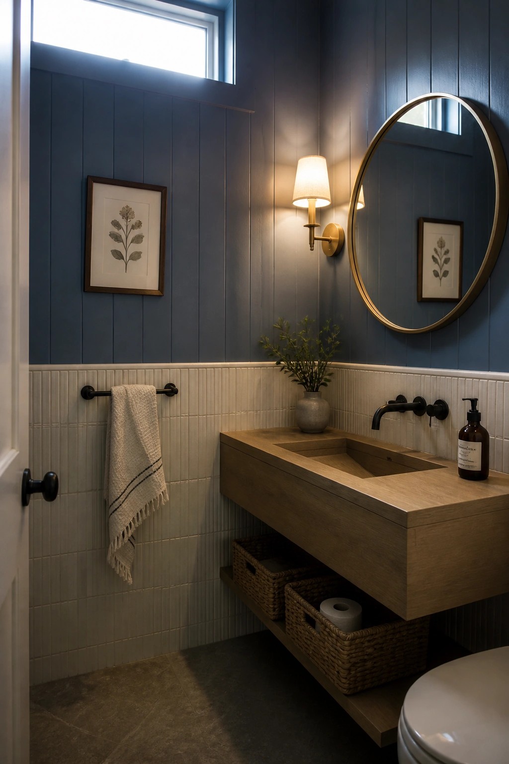 A bathroom interior with deep blue vertical paneling above white beadboard wainscoting, a floating wood vanity, black faucet, round mirror, and woven storage baskets underneath.
