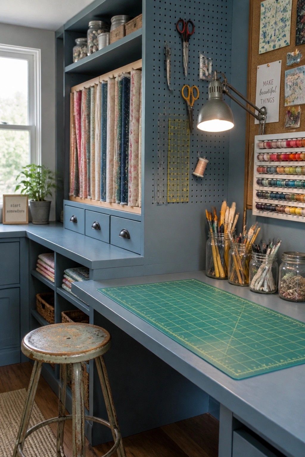 A craft room featuring blue built-in shelves holding fabric rolls, a pegboard with tools, a desk with a green cutting mat, and jars of art supplies.