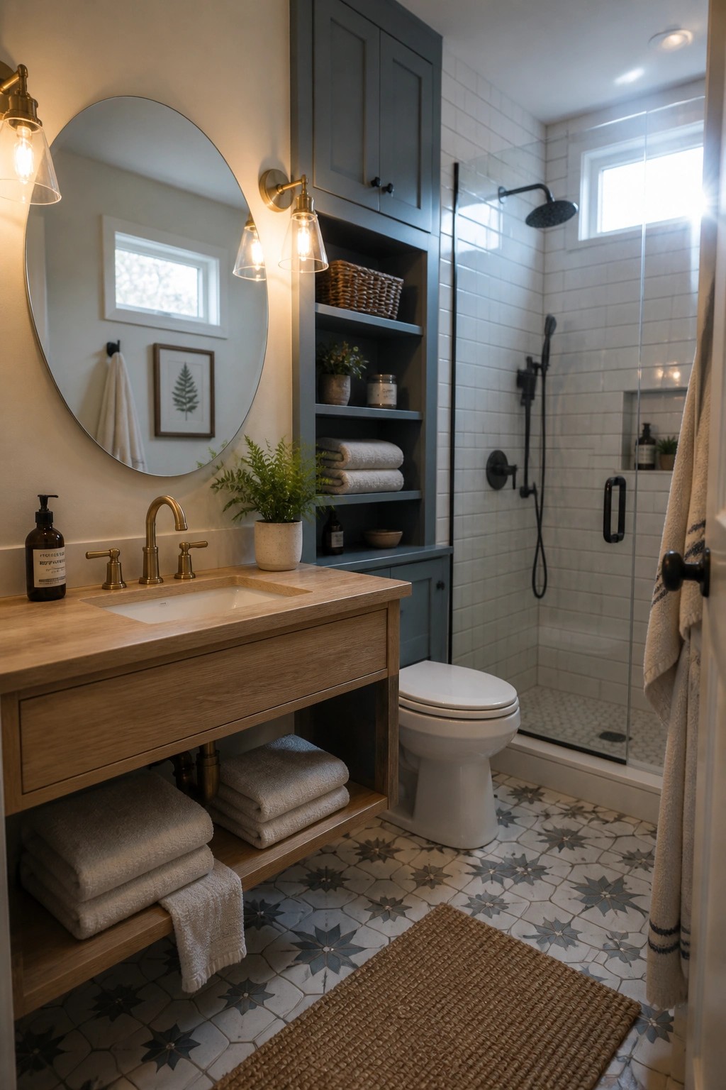 A bathroom interior showing a wooden vanity with sink, a round mirror, blue painted cabinetry with open shelves, and a white-tiled shower area.