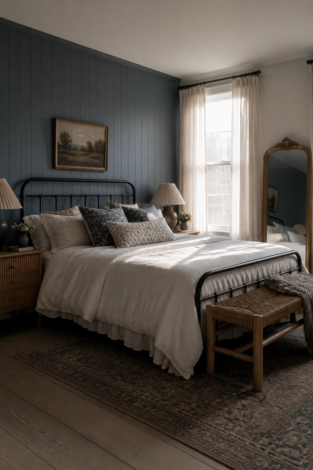 A bedroom featuring blue vertical paneling on the walls, a black metal bed with white bedding, and a woven bench at the foot of the bed.
