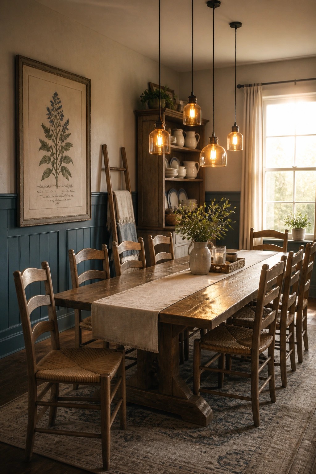 A farmhouse dining room with blue wainscoting, a long wooden table, ladderback chairs, and a large framed botanical print on the wall.