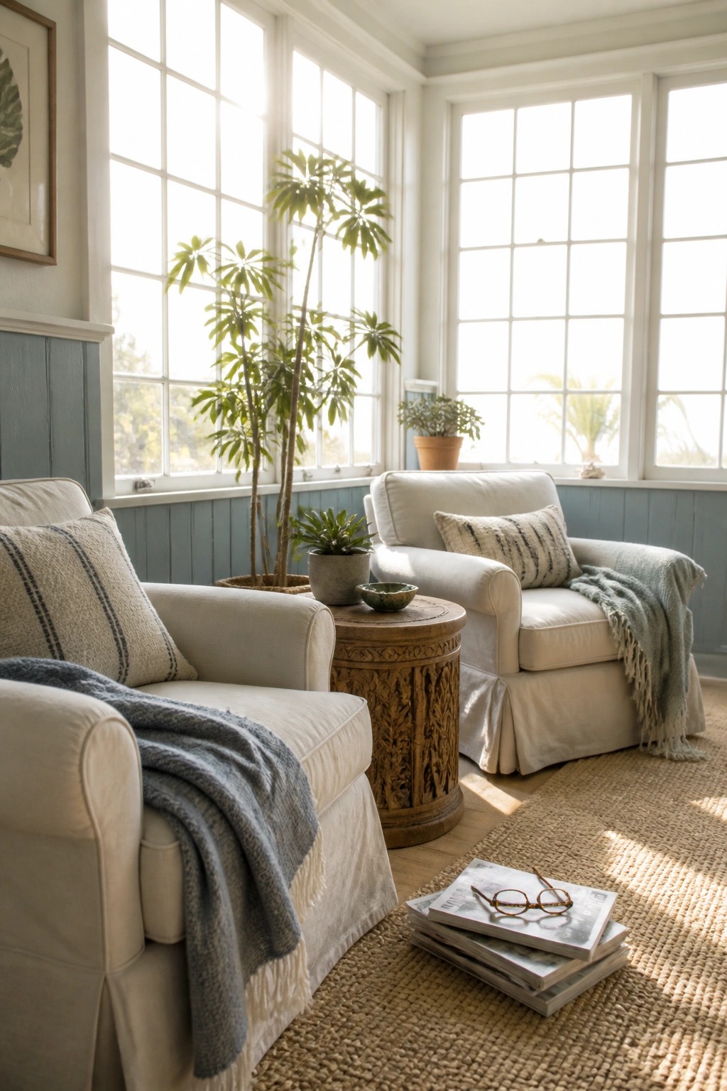 A sunlit living room with white slipcovered armchairs, blue wainscoting on the walls, large windows, and several potted plants.