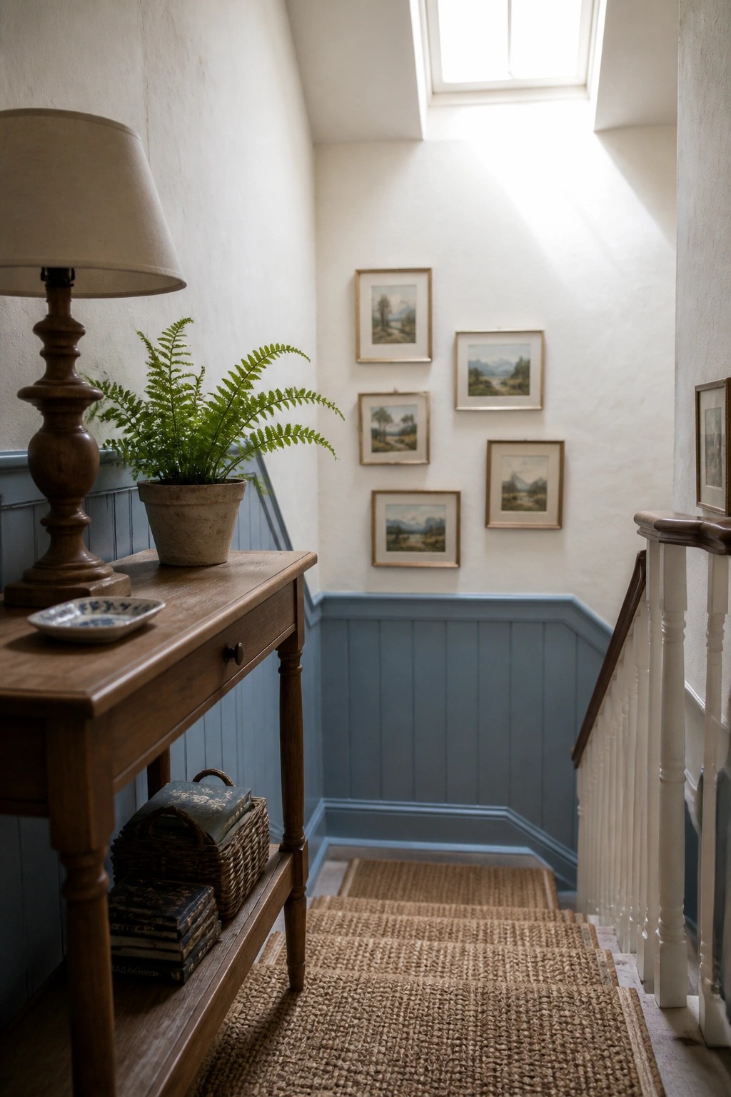 A stairwell with blue wainscoting on the lower walls, white paint above, a wooden console table holding a lamp and fern, framed pictures on the wall, and a woven runner on the stairs.