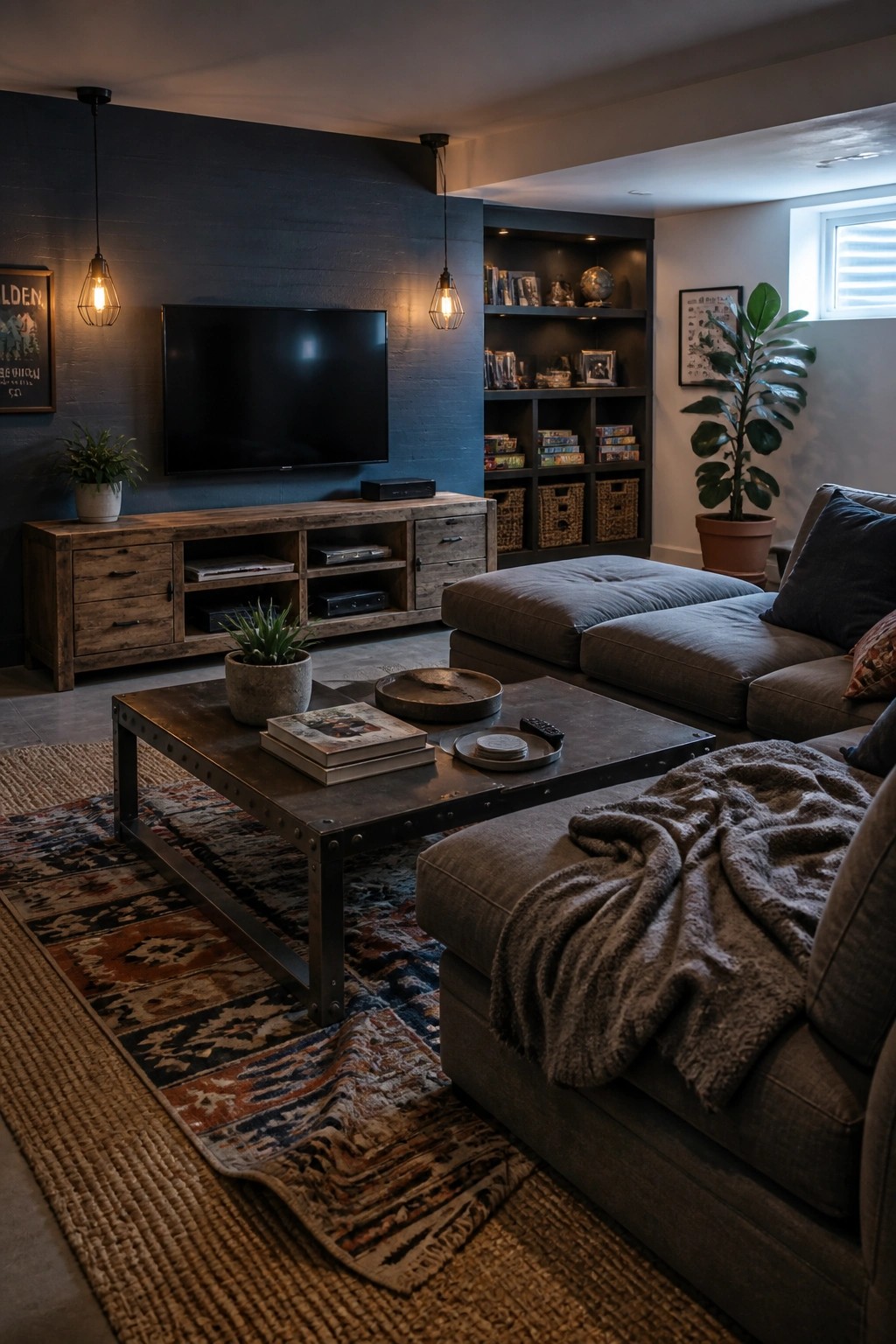 A living room featuring a dark blue accent wall with a mounted television, wooden media console, gray sectional sofa, and industrial-style coffee table on a patterned rug.