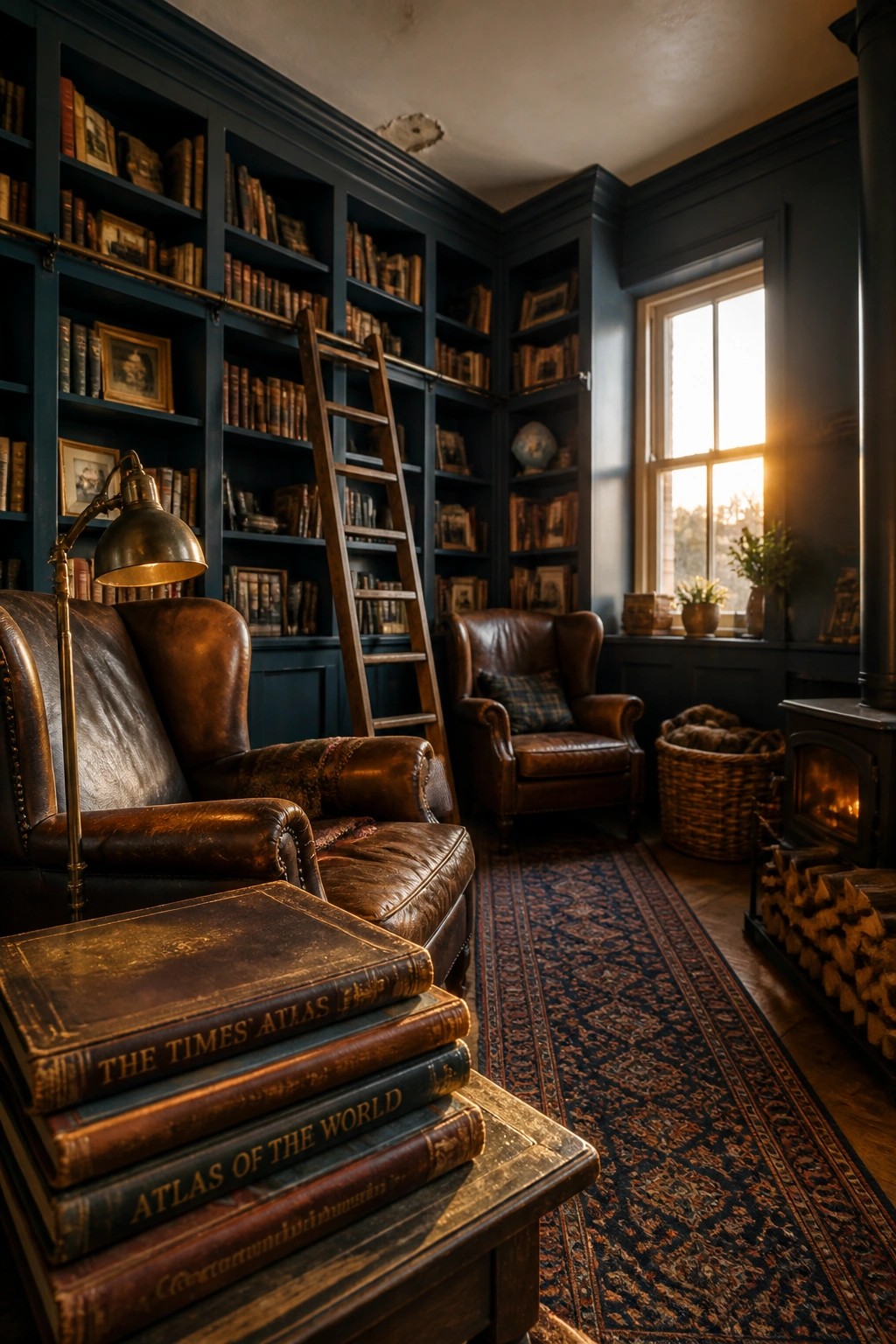 Interior of a library room with deep blue built-in bookshelves, a rolling wooden ladder, two brown leather armchairs, and a large window on the right.