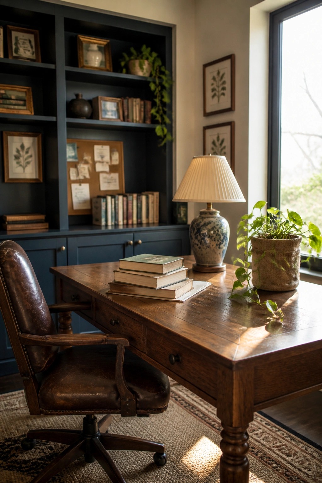 A home office featuring dark blue built-in bookshelves filled with books and decor, a wooden desk with stacked books, and a brown leather office chair.