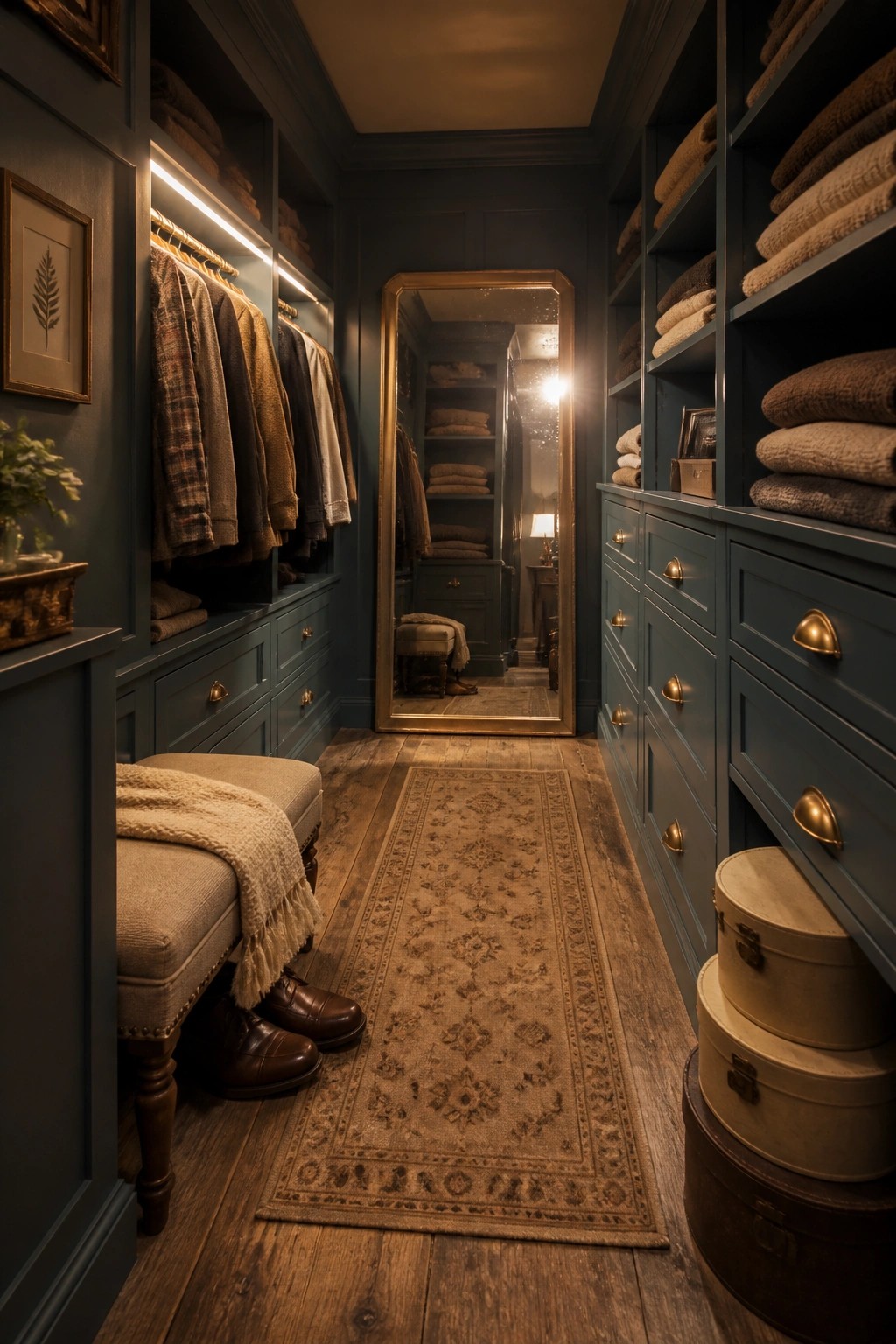 A narrow walk-in closet with deep blue built-in cabinetry, open shelving, and drawers, featuring a full-length mirror and wooden floors.