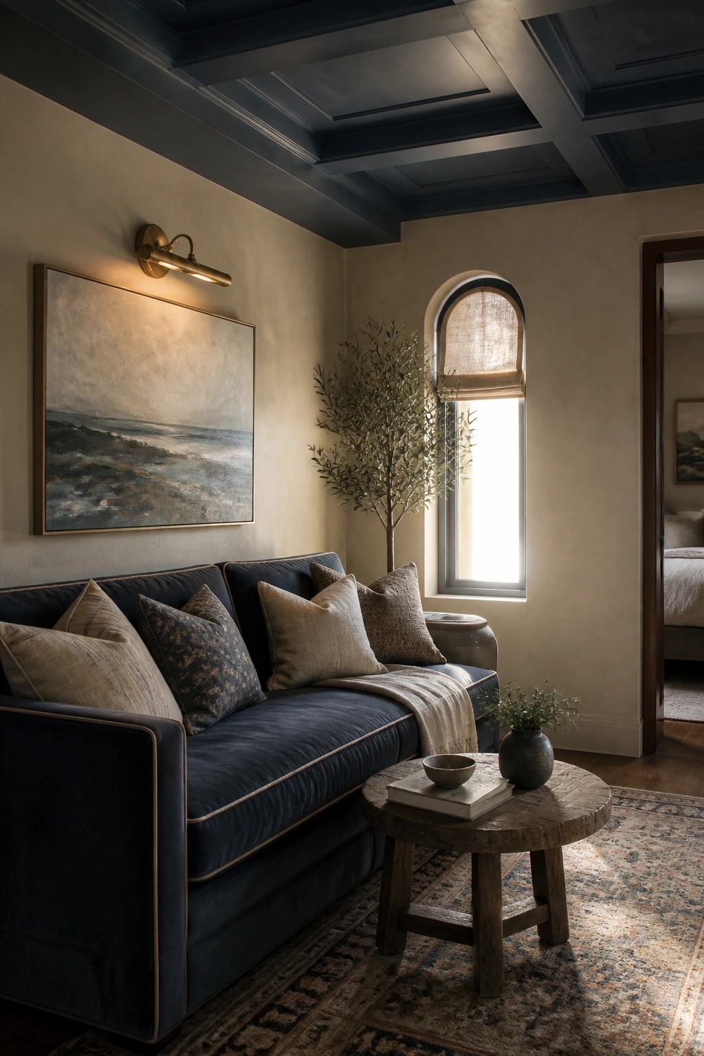 A living room with a dark blue sofa, dark blue ceiling, beige walls, a large landscape painting, an arched window, and a round wooden coffee table on a patterned rug.