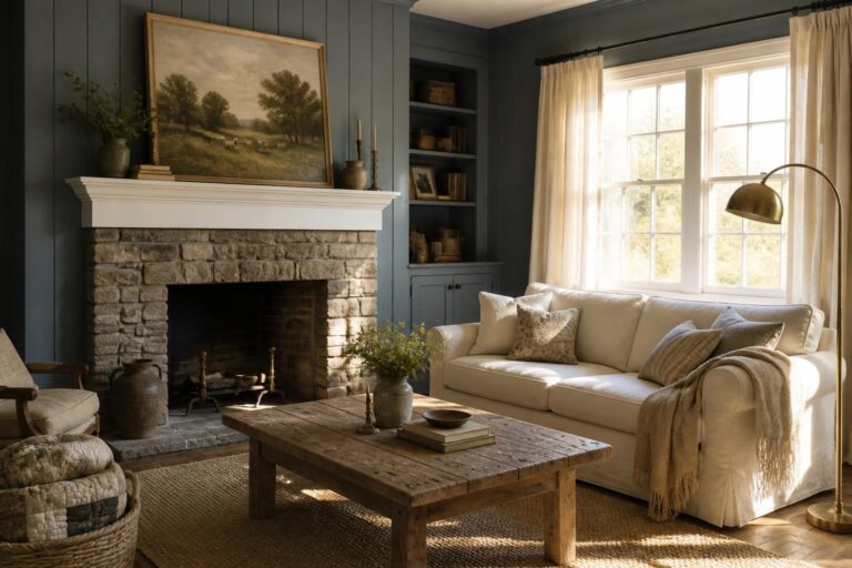 A living room with blue gray walls, built-in bookshelves filled with books and pottery, a white sofa, wooden coffee table, and stone fireplace.