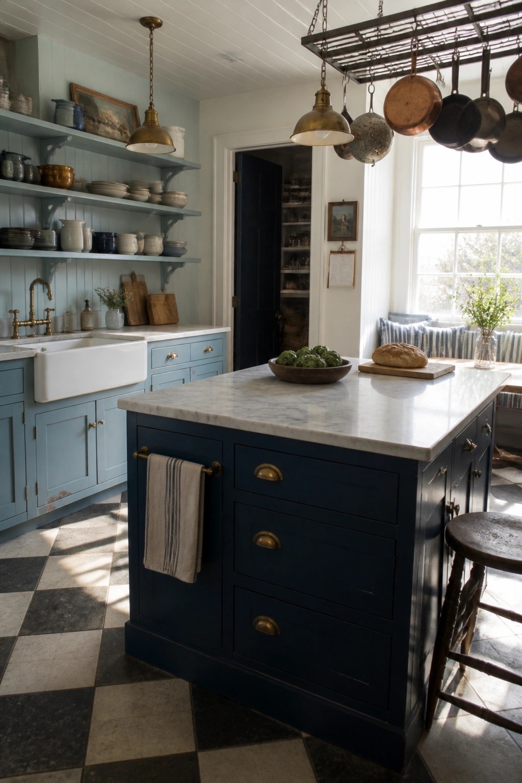 A kitchen with light blue perimeter cabinets, a dark navy island with marble countertop, open shelving, and a black and white checkered floor.