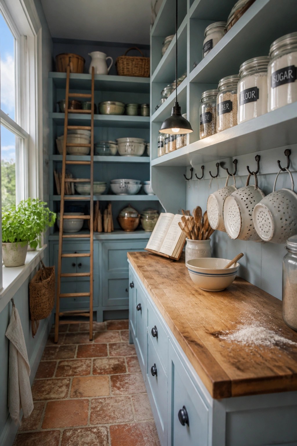 A narrow pantry with light blue painted shelves and lower cabinets, a wooden countertop, terracotta tile floor, and various jars and dishes on display.