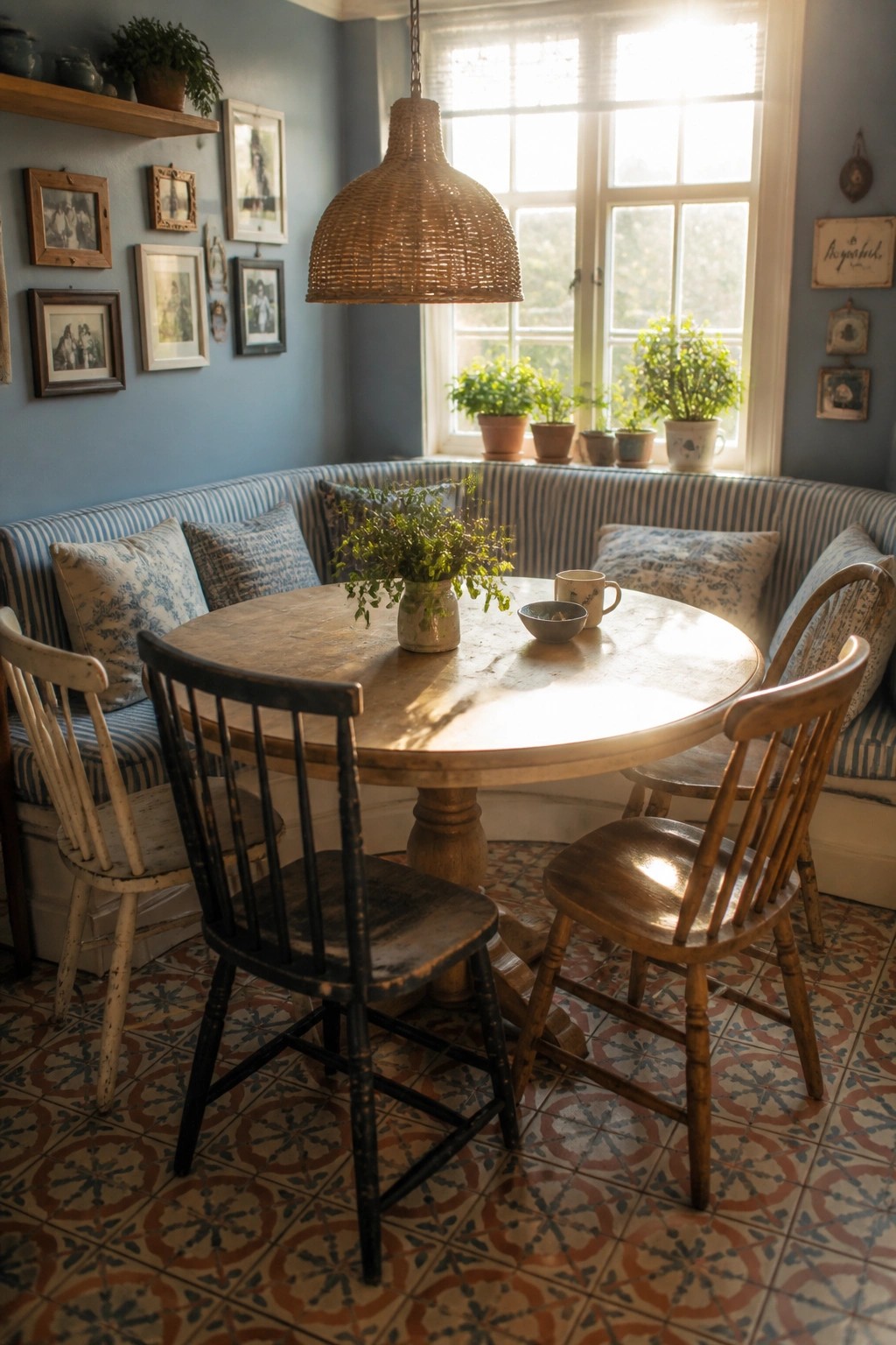A round wooden table with mixed chairs sits against blue walls with a built-in striped bench and a large window behind it.