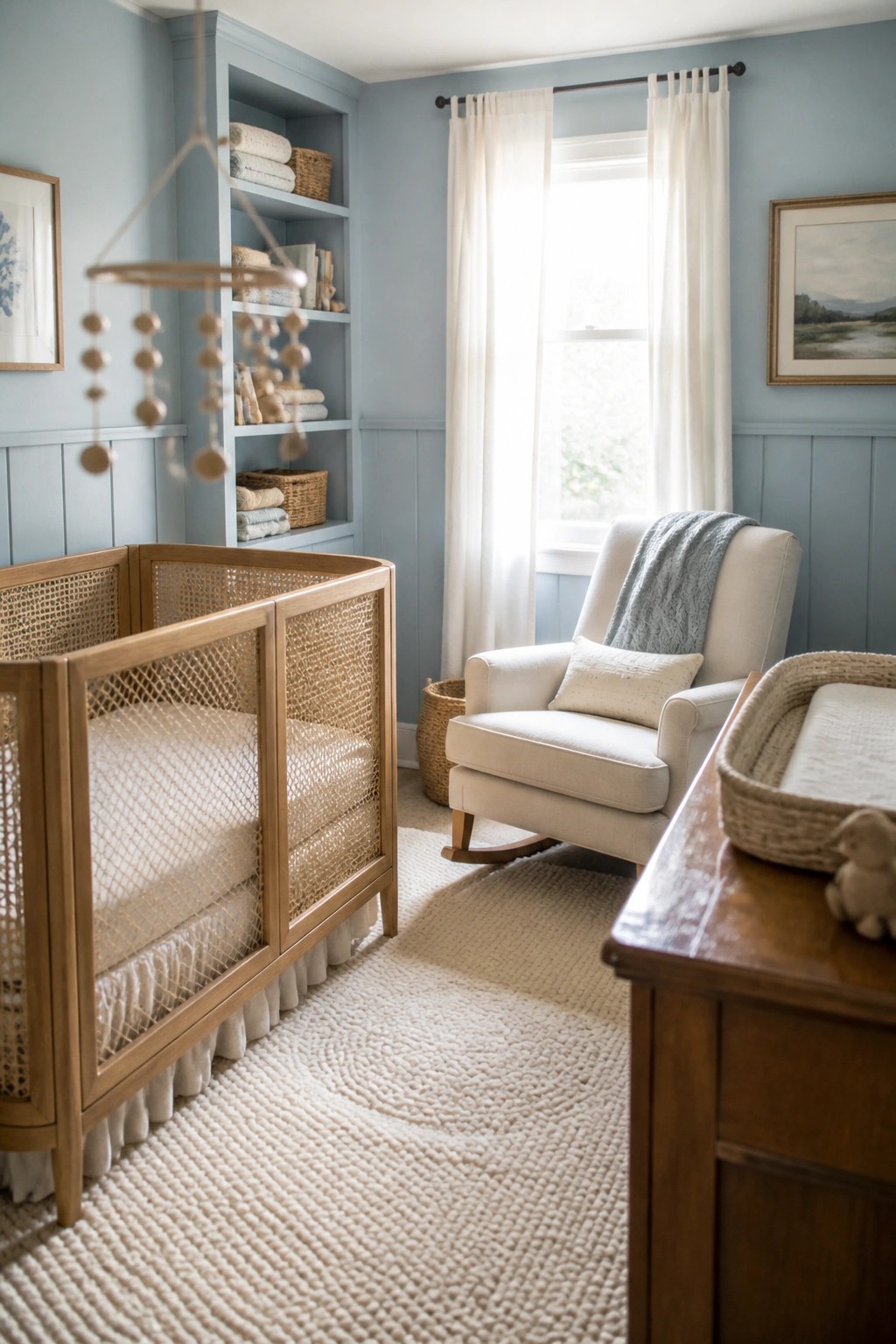 A nursery room with light blue walls and white wainscoting, featuring a wooden crib with cane panels, a white rocking chair, built-in shelves, and a textured white rug.