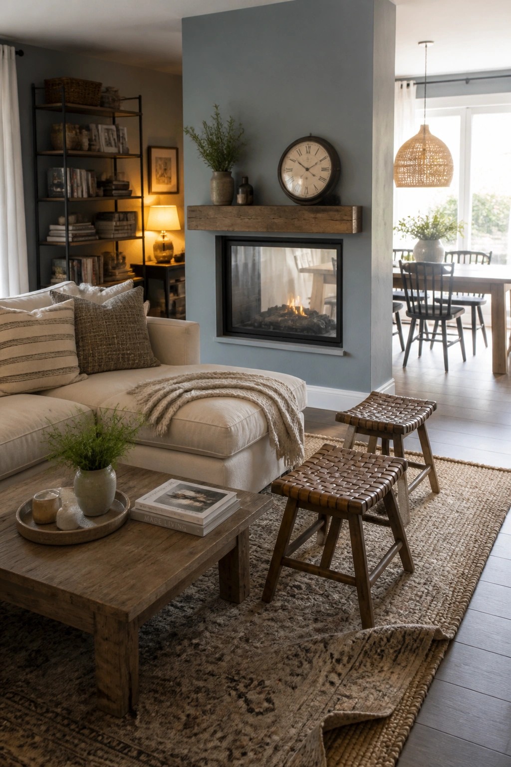 A living room with a blue gray wall, wooden mantel fireplace, beige sectional sofa, wooden coffee table, and woven stools on layered rugs.