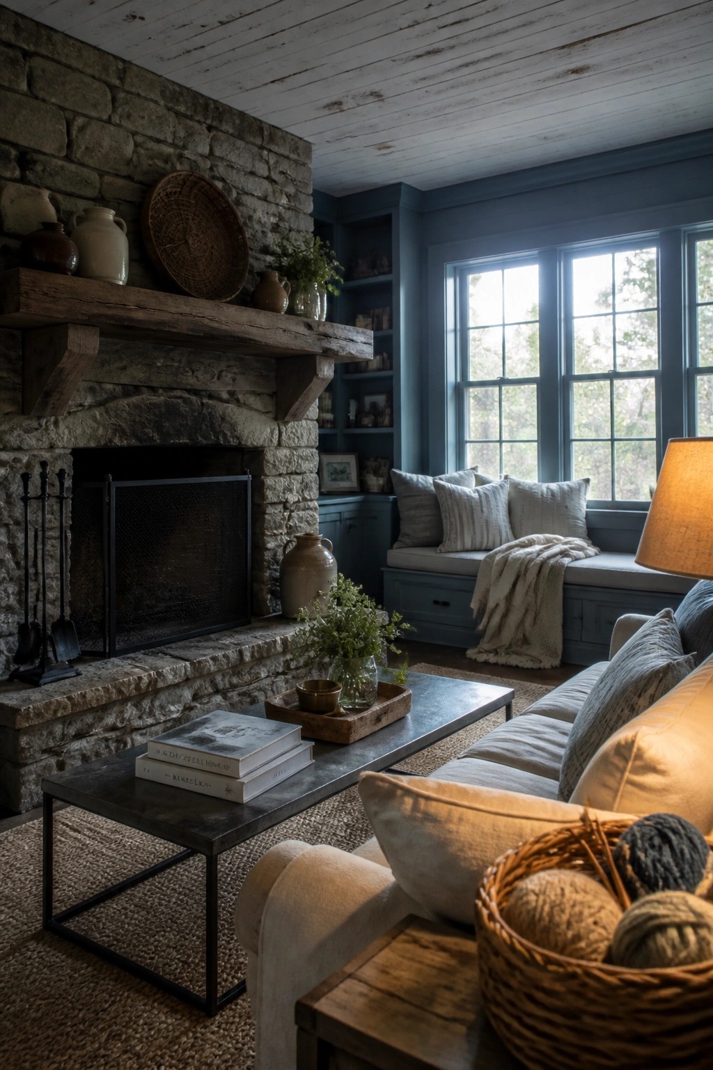 A living room with blue walls, a large stone fireplace, a metal coffee table, a window seat with pillows, and a sofa in the foreground.