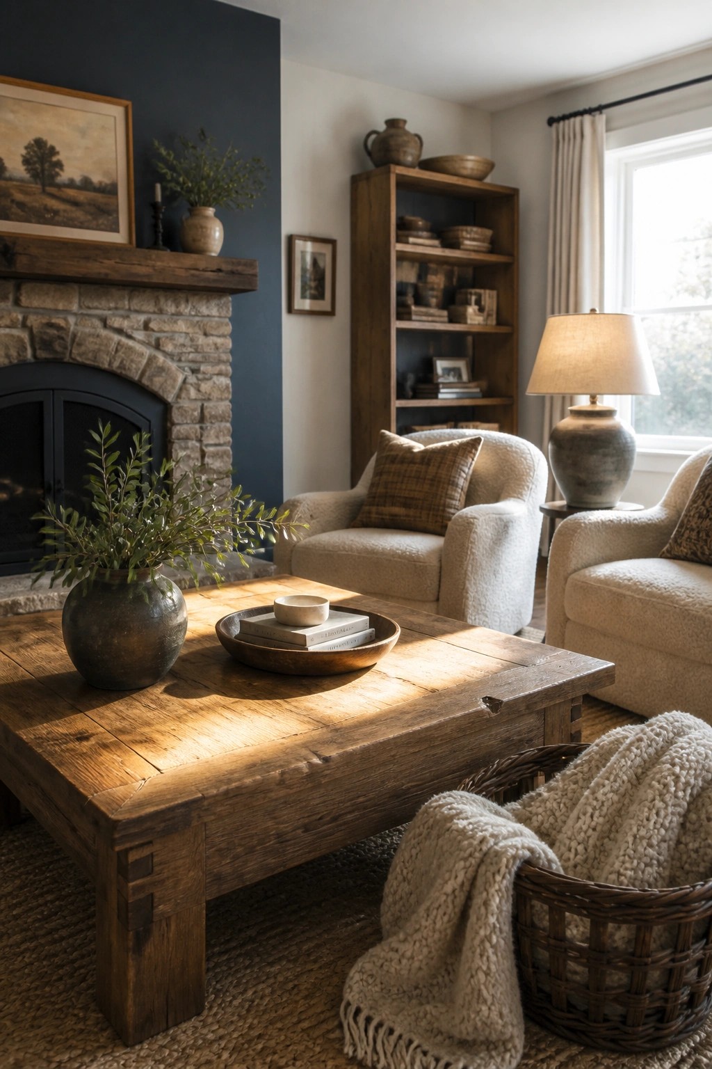A living room featuring a stone fireplace set against a deep blue wall, a rustic wooden coffee table, and two beige upholstered armchairs.