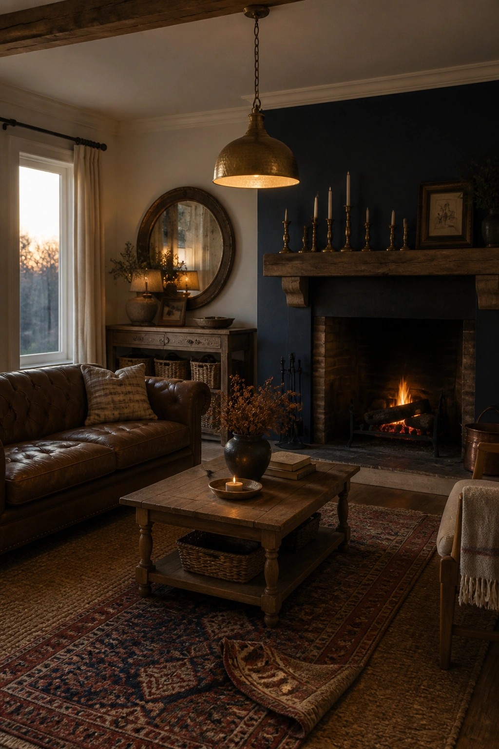 A farmhouse living room with a dark navy accent wall behind a brick fireplace, a brown leather sofa, a wooden coffee table, and a round mirror on an adjacent wall.