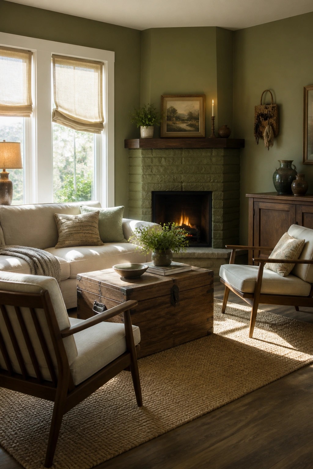 A living room with olive green walls, a stone fireplace, white sofa, wooden trunk coffee table, and two wooden armchairs on a jute rug.