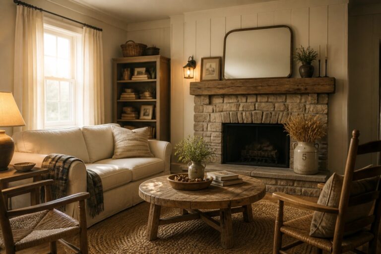 Cozy rustic living room with stone fireplace, round table, sofa, and woven chairs