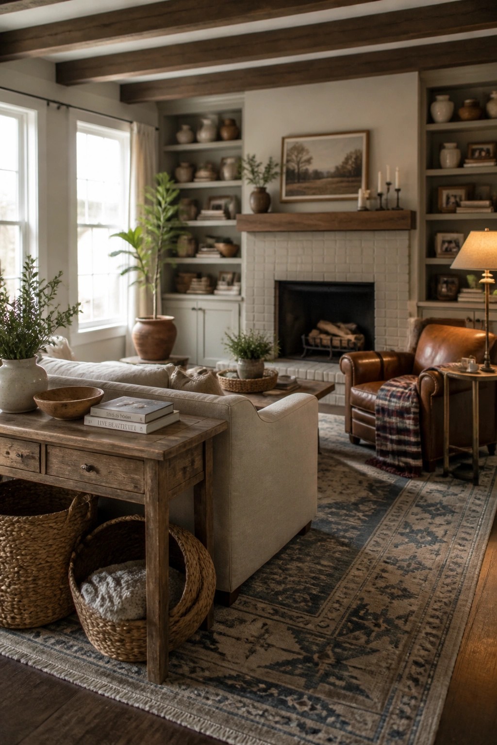 A cozy farmhouse living room featuring light neutral walls, built-in shelves flanking a white brick fireplace, a beige sofa, a brown leather armchair, and dark wood ceiling beams.