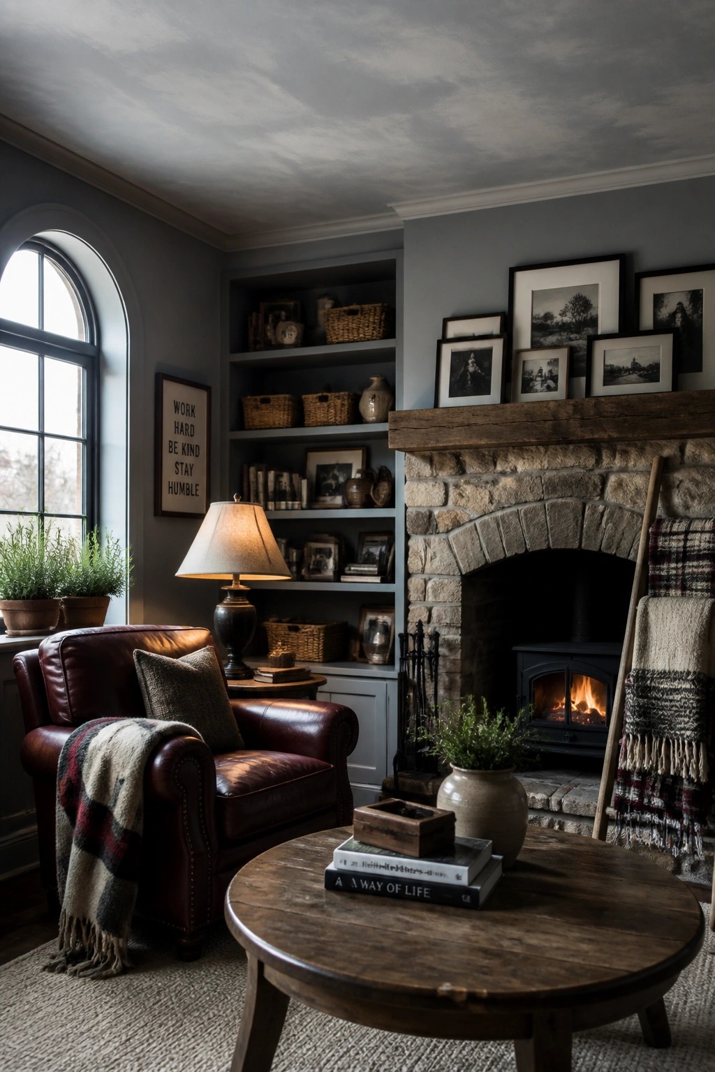 Living room interior with blue-gray walls, built-in bookshelves, a stone fireplace with wood mantel, and a brown leather armchair beside a round wooden coffee table.