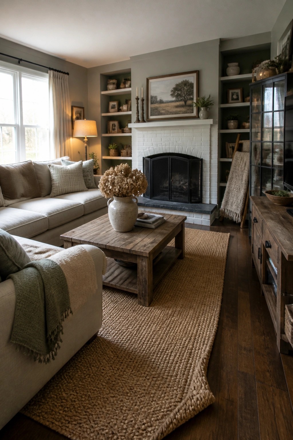 A living room with muted green gray walls, a white brick fireplace, built in shelves, a wooden coffee table on a jute rug, and a light colored sectional sofa.